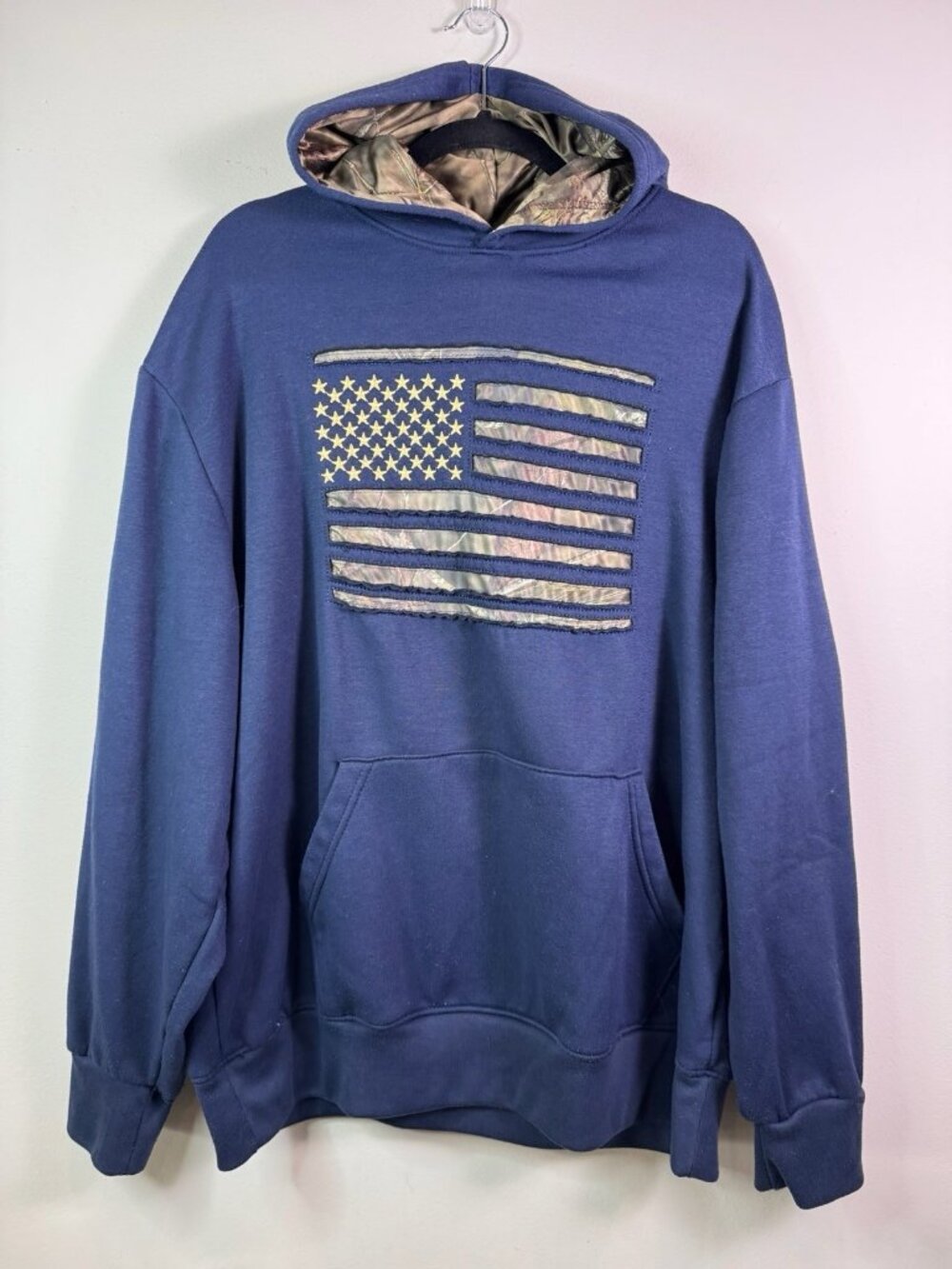 Mossy Oak American Flag Camo Lined Navy Blue Hoodie Sweatshirt Mens XL
